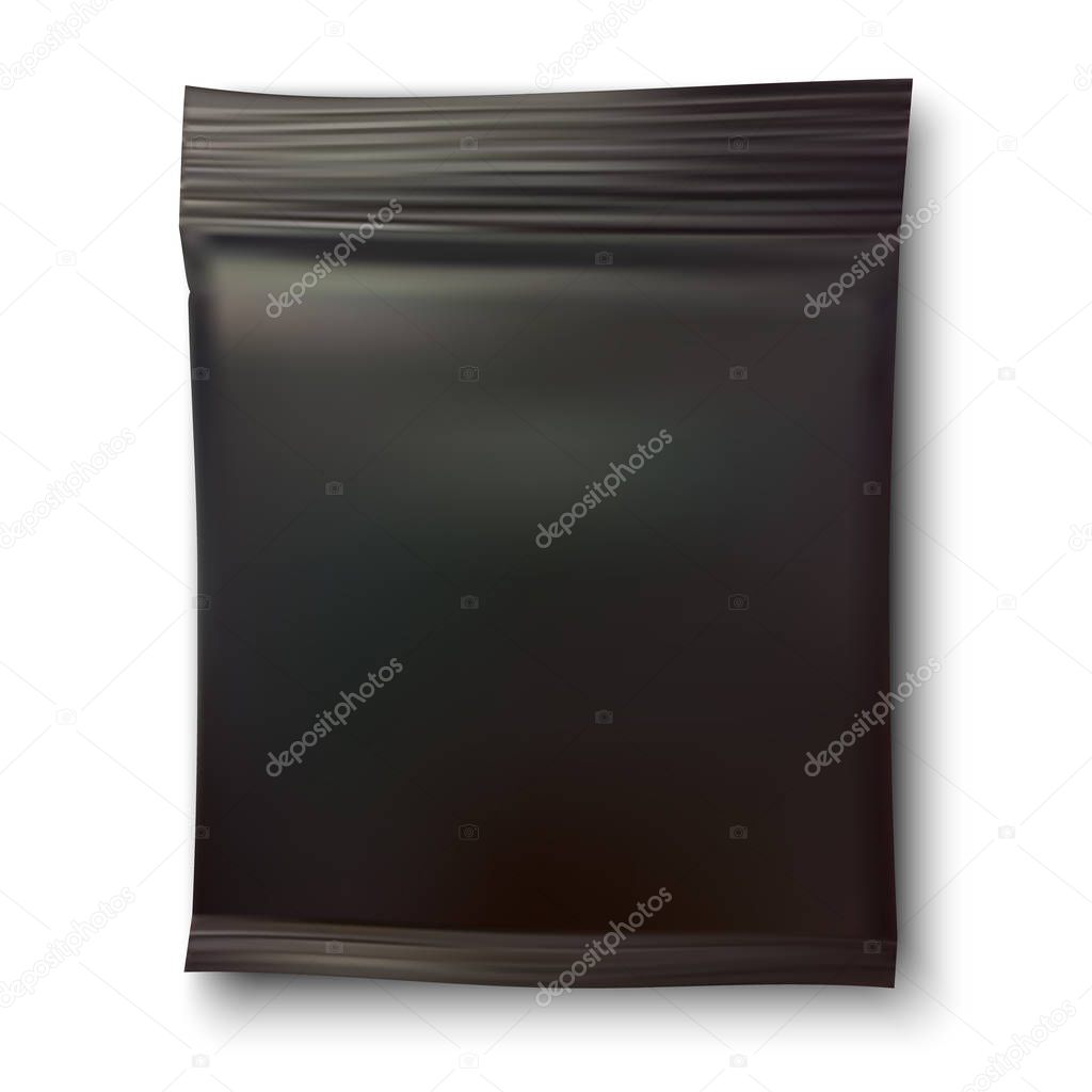 Realistic empty black foil packaging mockup with shadow