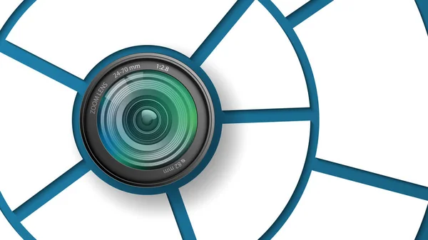 Modello di poster dell'obiettivo della fotocamera con spazio vuoto per aggiungere foto o testo, illustrazione vettoriale — Vettoriale Stock