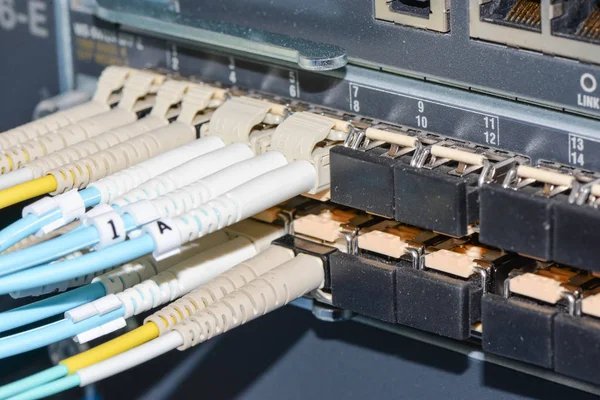 Cable de fibra óptica conectado al dispositivo de red — Foto de Stock
