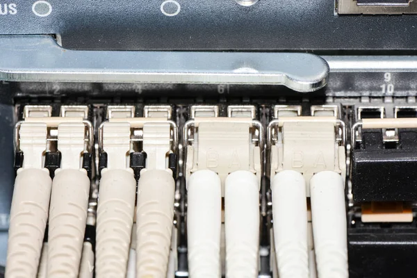 Optický kabel zapojen do síťové zařízení — Stock fotografie