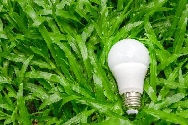 LED lamp met verlichting op het groene gras — Stockfoto