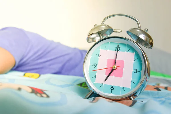 Man Still Sleeping Bed Alarm Clock Showing Time — Stock Photo, Image