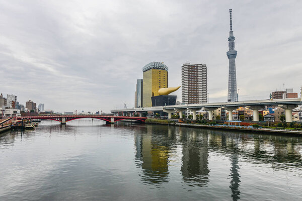 December 2017 in Japan - Asahi tower and Tokyo sky tree in the o