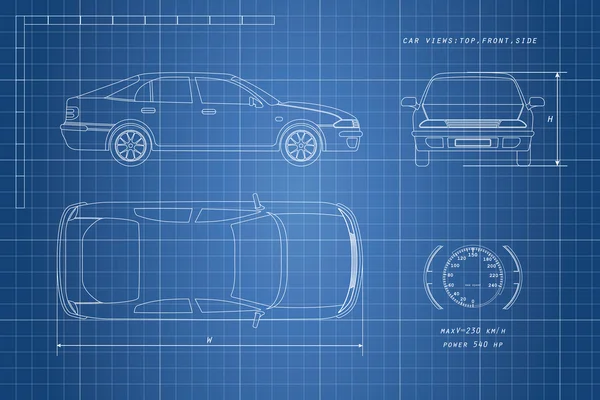 Het ontwerp van de auto tekenen op een blauwe achtergrond. Drie typen: — Stockvector