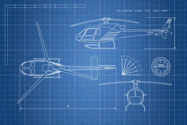 Teknik menggambar helikopter di latar belakang biru. Tiga pandangan - Stok Vektor