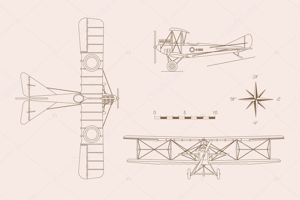Outline drawing of military retro airplane on a white background