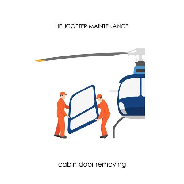 Reparación y mantenimiento de helicópteros. Eliminación de puerta de cabina — Vector de stock