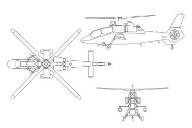 Helikopter çiziminin anahat. Üç görünüm helikoptere: için