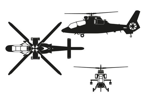 Sylwetka śmigłowca. Helikopter w trzech widokach: top vie — Wektor stockowy