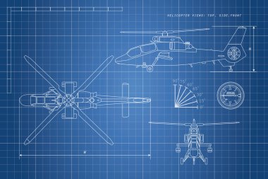 Helikopterden çizim mühendislik. Helikopterler görünümü: top, yan, 