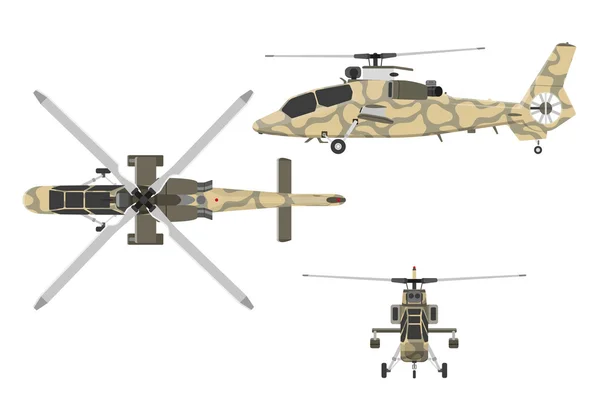 Helikopter militer dengan gaya datar. Pemandangan helikopter: atas, samping , - Stok Vektor