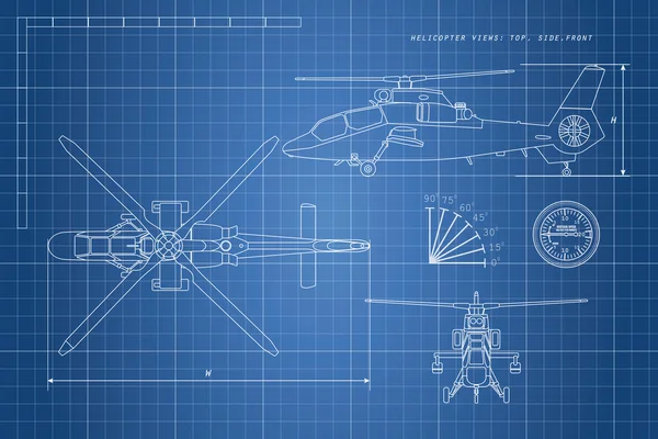 Ingenjörs ritning av helikopter. Helikoptrar Visa: Top, Side, — Stock vektor