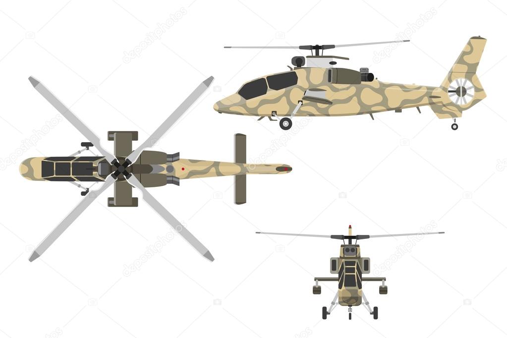 Military helicopter in flat style. Helicopter views: top, side, 