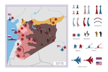 Askeri taktik harita simgeleri ile. Suriye'de çatışma.