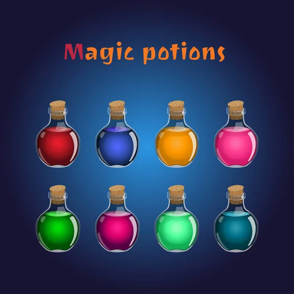 Pon pociones mágicas. Colecciones de elixires para el juego interf — Vector de stock