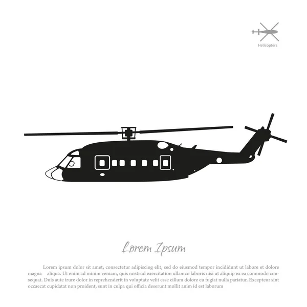 Σιλουέτα ελικόπτερο μαύρο σε λευκό φόντο. Πλάγια όψη — Διανυσματικό Αρχείο