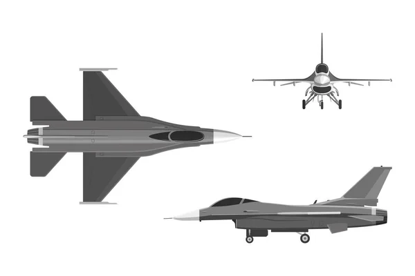 군용 항공기의 이미지입니다. 비행기의 세 가지 보기: 탑, 시 — 스톡 벡터