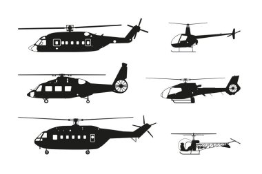Beyaz bir arka plan üzerinde siyah helikopter siluet. Yan görünüm