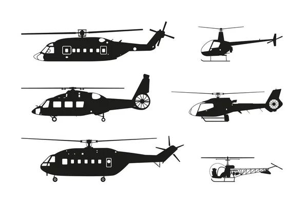 Siluet helikopter hitam dengan latar belakang putih. Tampilan samping - Stok Vektor
