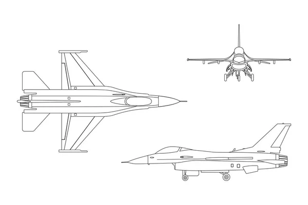 Disegno di contorno di aerei militari. Vista superiore, laterale, frontale — Vettoriale Stock