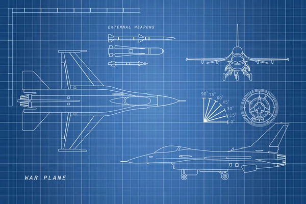 Dessin d'avions militaires. Haut, côté, vue de face. Avion de guerre esprit — Image vectorielle