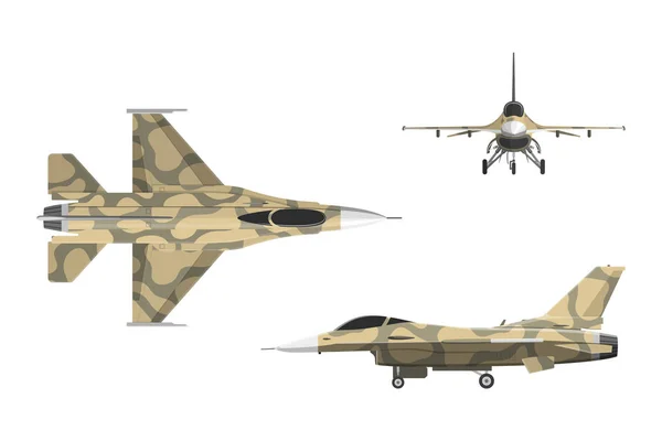 Pesawat perang dengan gaya datar. Pesawat militer di atas, samping, depan v - Stok Vektor