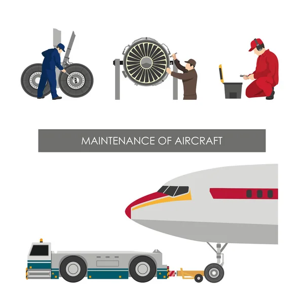 Επισκευή και συντήρηση των αεροσκαφών. Το σύνολο των εικόνων με τους μηχανικούς — Διανυσματικό Αρχείο