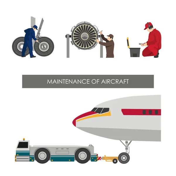 Ремонт і обслуговування літаків. Набір зображень з інженерами — стоковий вектор