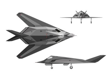 Askeri uçak F-117. Savaş uçak üç Gösterim: yan, üst, fr