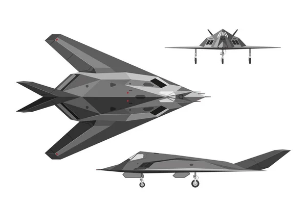 Aeromobile militare F-117. Aereo da guerra in tre punti di vista: lato, superiore, fr — Vettoriale Stock