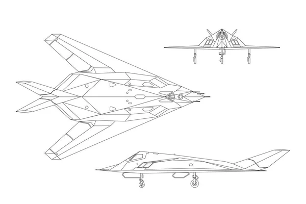 Military aircraft. Contour drawing of war plane. Airplane views: — Stock Vector