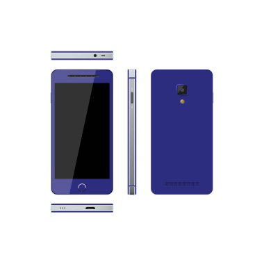 Beyaz zemin üzerinde mavi smartphone. Farklı görünümlerde telefon: