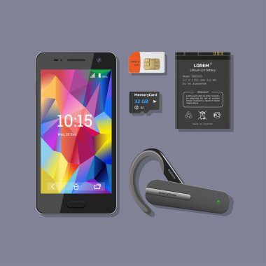 Cep telefonu aksesuarları. Smartphone ile batarya, kulaklık, Sim 