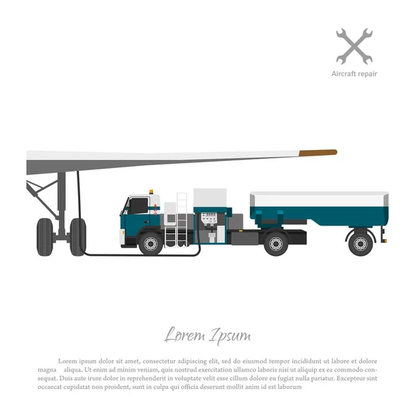 Coche para repostaje de combustible de aeronaves. Reparación y mantenimiento de aeronaves — Vector de stock