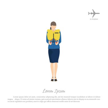 Hostes yolcu treni bir yeleği kullanmak için. Düzgün kadında