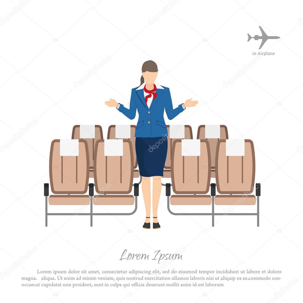 Stewardess transplants passengers on the seats in the airplane. 