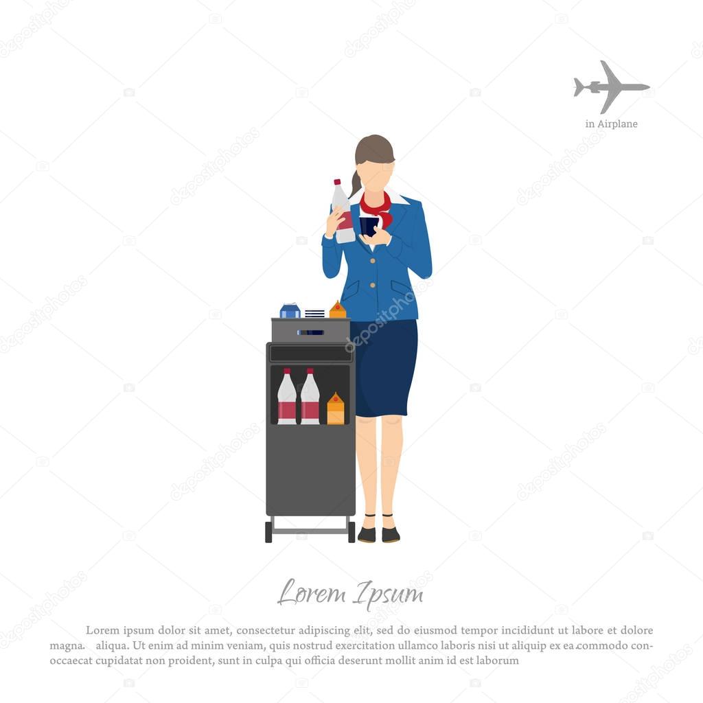 Stewardess with a trolley for food and beverages. Woman in unifo