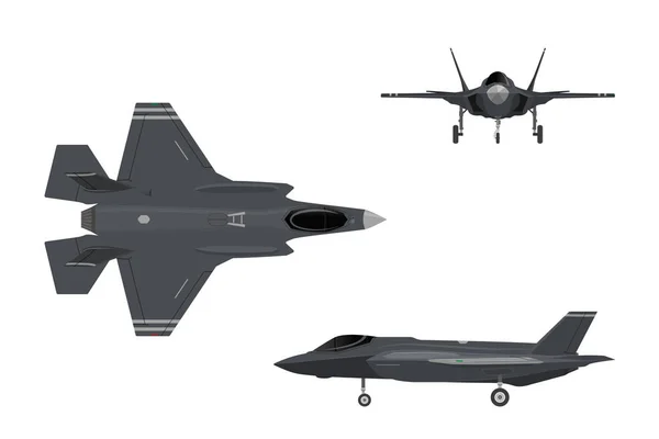 Aeromobili militari. Immagini di jet da combattimento. Tre punti di vista del piano d'azione — Vettoriale Stock