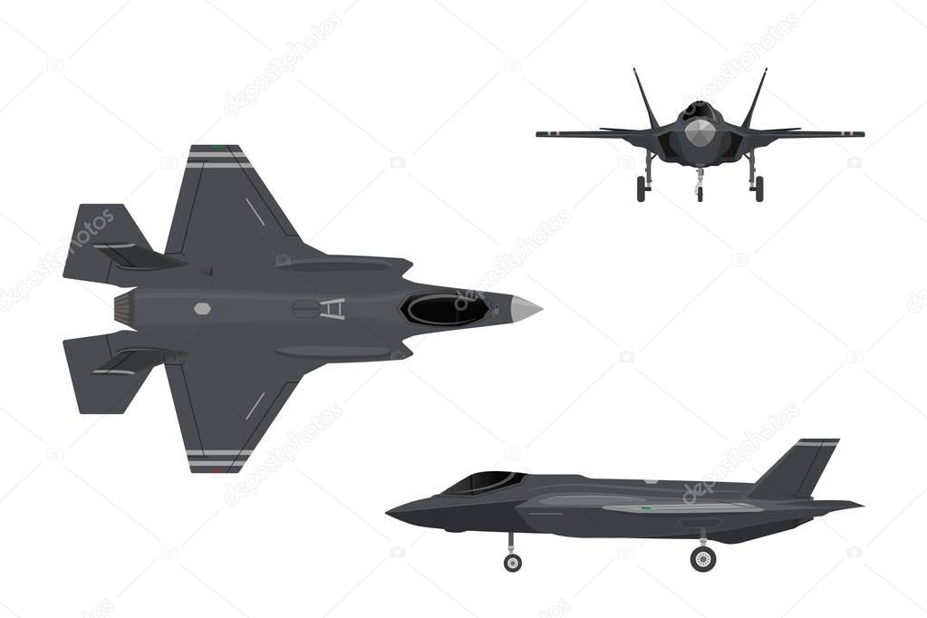 Military aircraft. Images of fighter jet. Three views of airplan