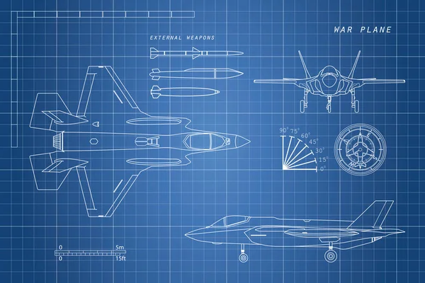 Desenho de aeronaves militares. Topo, lado, vista frontal. Combatente je — Vetor de Stock