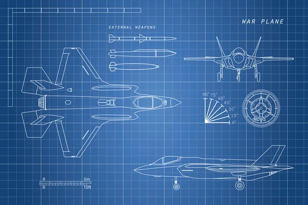 Disegno di aerei militari. Top, lato, vista frontale. Fighter je — Vettoriale Stock