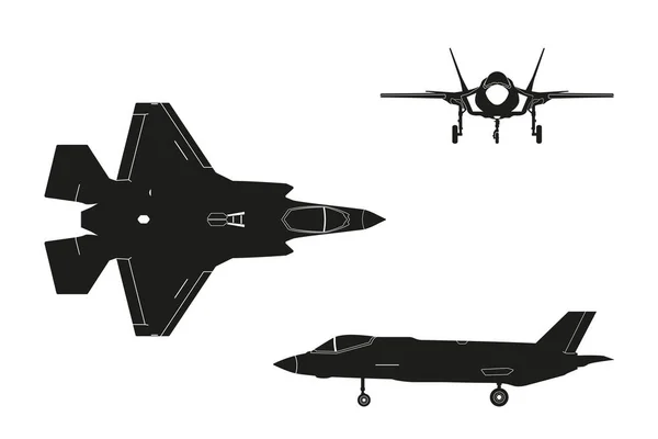 Siluet hitam pesawat militer dengan latar belakang putih. Puncak , - Stok Vektor