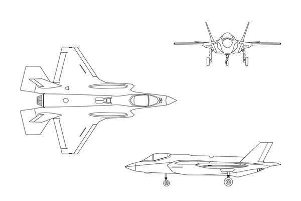 Garis besar gambar pesawat militer pada latar belakang putih. Atas, s - Stok Vektor