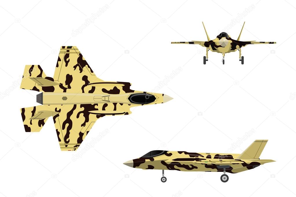 Fighter jet. War plane in flat style. Military aircraft in top, 