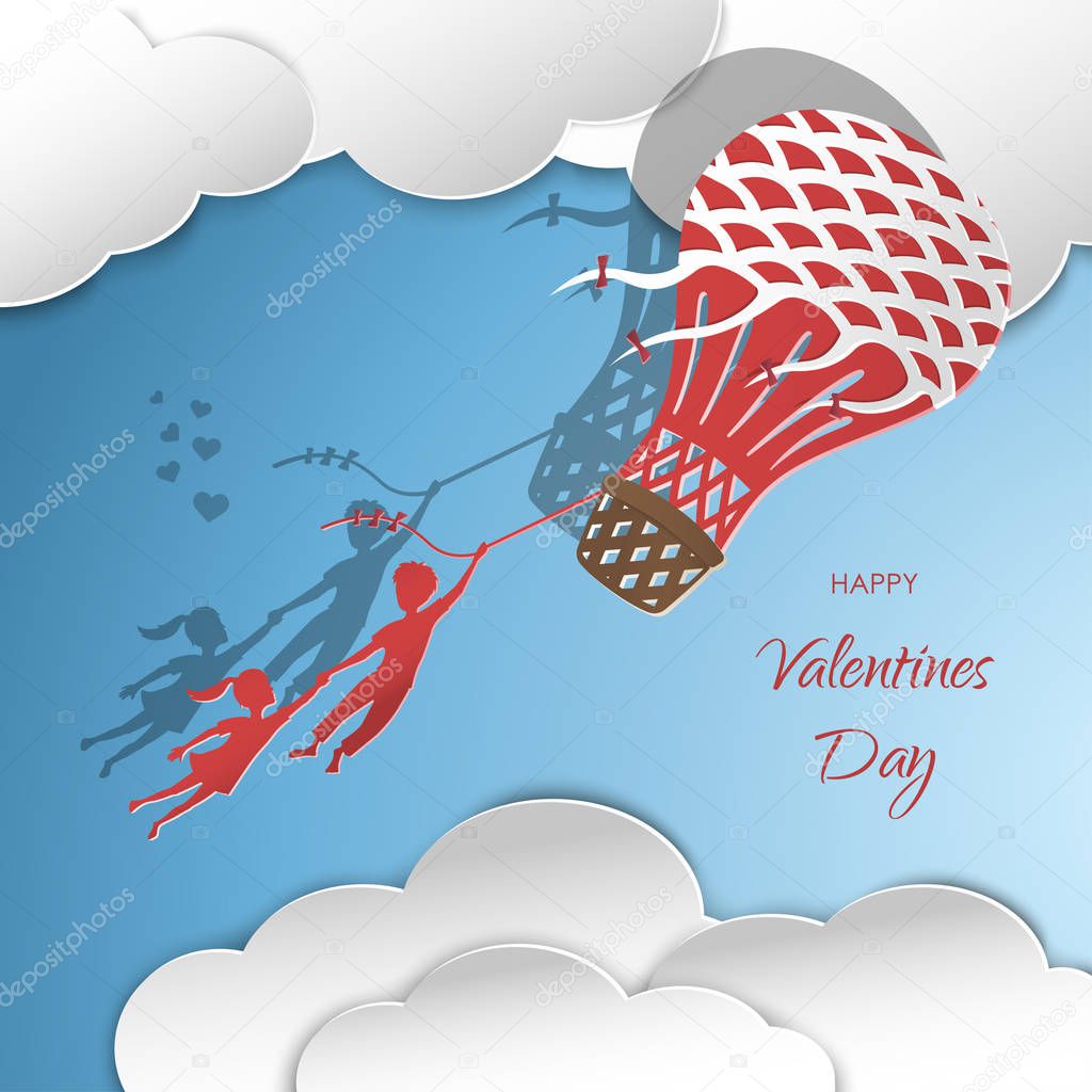 Postcard Happy Valentines Day. Boy and girl flying in balloon