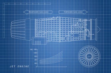 Jet motoru bir anahat tarzı. Endüstriyel vektör blueprint. Bölümü