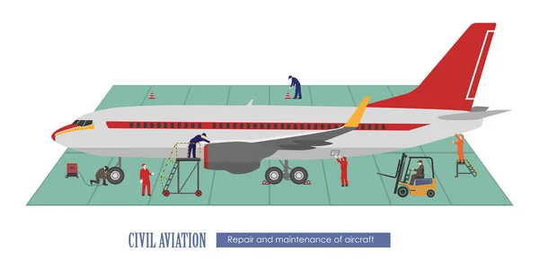 Reparación y mantenimiento de aeronaves. Avión y trabajando en el — Archivo Imágenes Vectoriales