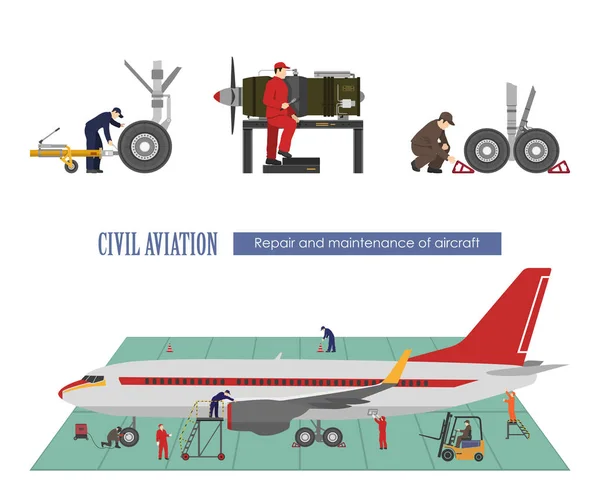 Riparazione e manutenzione di aeromobili. Immagine dei lavoratori nei pressi della — Vettoriale Stock