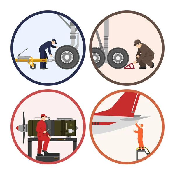 Repair and maintenance of aircraft. Image of workers near the ai — Stock Vector