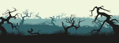 Silhouettes of broken trees and marsh grass. Swamp panorama. Hor clipart